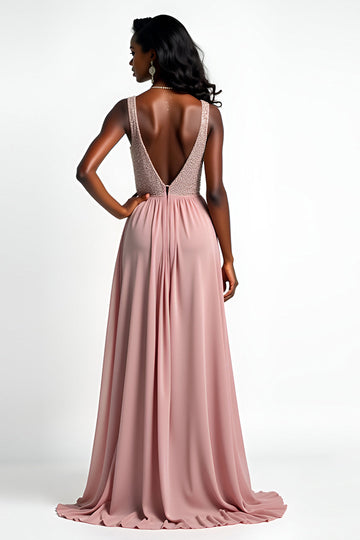 Robe longue formelle froncée à col en V fard à joues avec fente